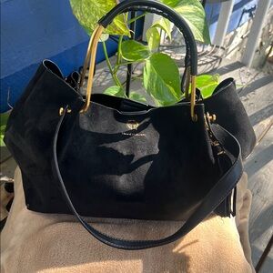 House of Harlow Black Suede Handbag with Gold Accents